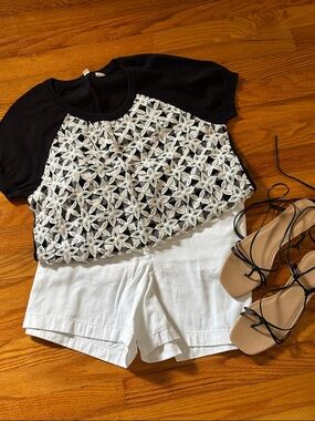 Anthro Crochet Lace Overlay Gingham Cotton Top Sz S